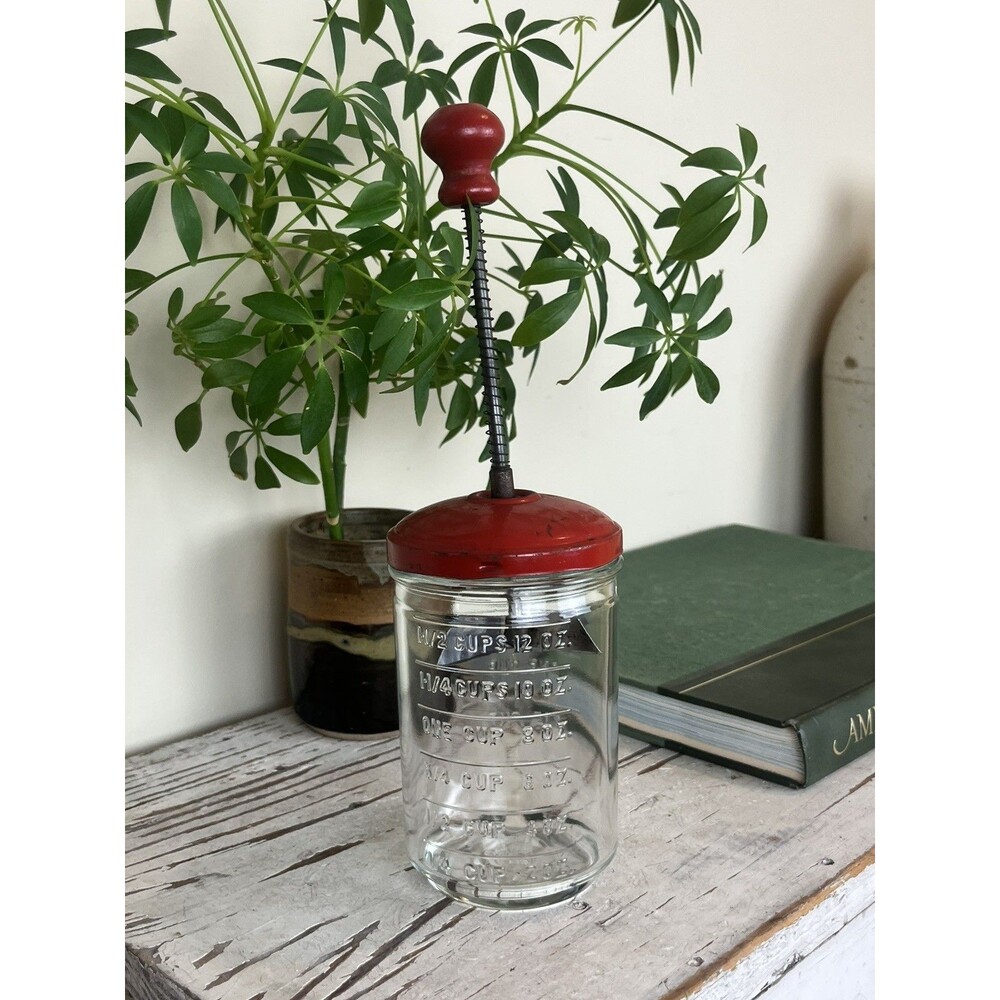 Vintage Rustic Red Metal Wood And Glass Mason Nut Chopper Farmhouse Country